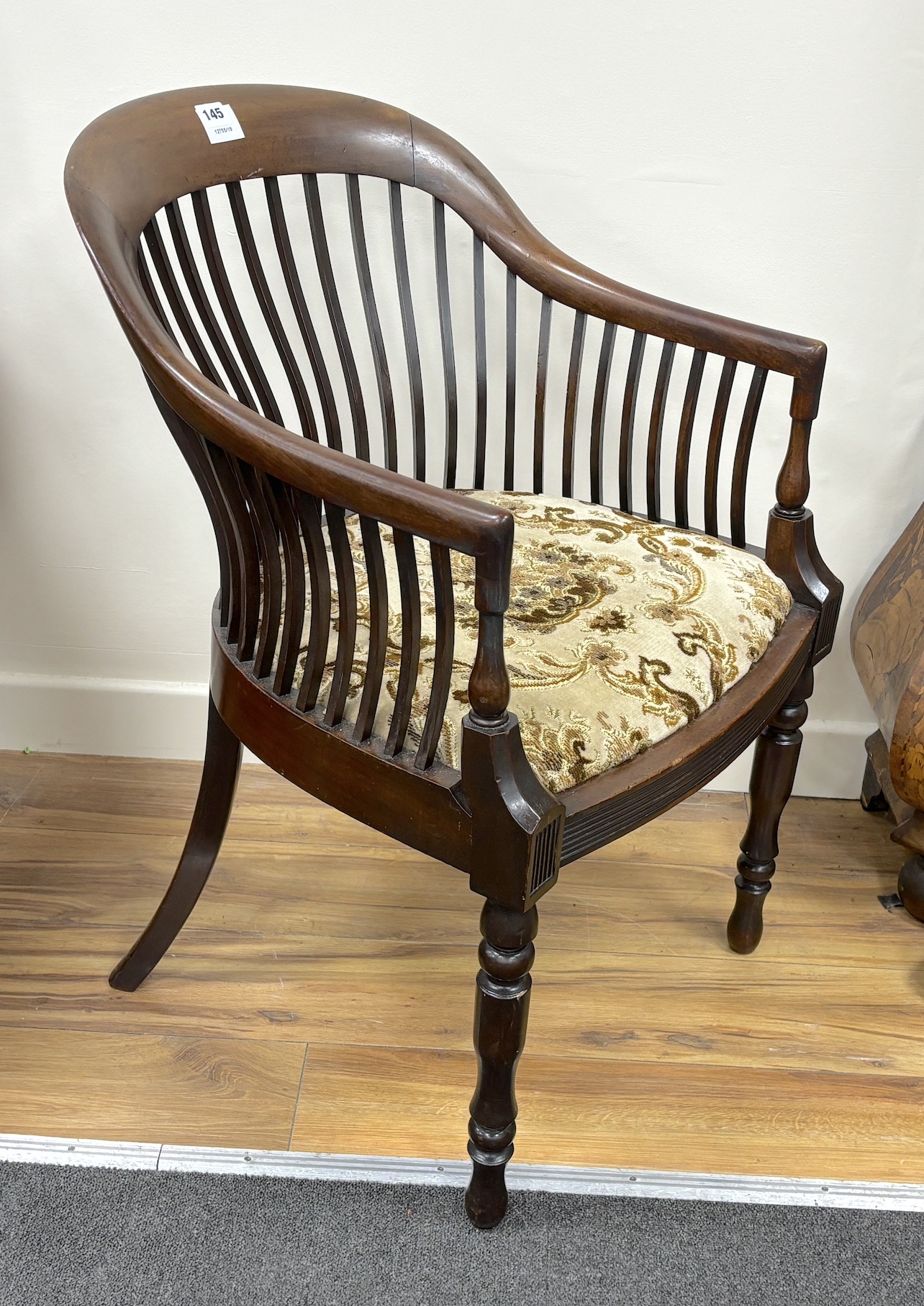 A late Victorian mahogany tub framed elbow chair, width 51cm, depth 47cm, height 82cm